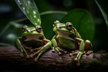 Two frogs perched on a branch amidst lush foliage. Generative AI