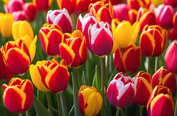 Big field of red blooming spring tulips on the light background