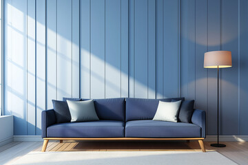 Blue sofa against wall. Home interior design of modern living room. Contemporary Comfort, Spacious Modern Living Room in a Minimalist Loft.