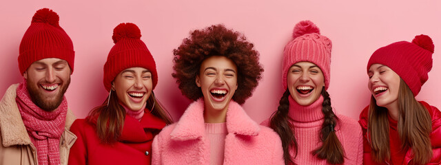 The Cozy Ensemble, A Vibrant Tapestry of Winter Hats and Scarves Adorning a Spirited Group