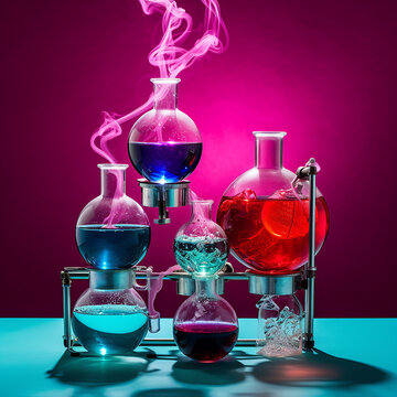 Recipientes de vidrio con bebidas de sabores, juego de qu&iacute;mica, matraz esf&eacute;rico  