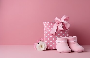 Cute pink baby shoes, gift box wrapped with a ribbon, and fresh flowers arranged in front of a pink background. - obrazy, fototapety, plakaty
