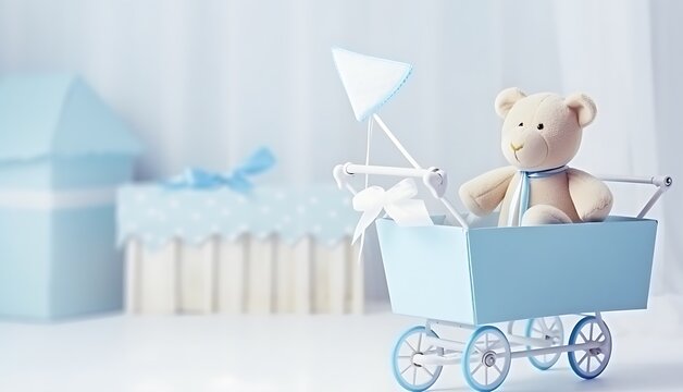 A close-up of a blue toy stroller filled with teddy bear. The background features a blurred, bright baby room with sheer curtains and gift boxes.