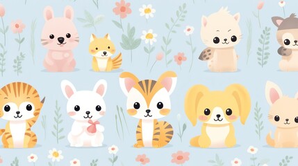 Tiger, cat, rabbit illustration design with blue background and flowers and leaves.