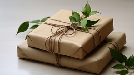 A gift wrapped in paper and string decorated with leaves.