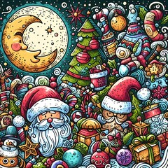 Colorful Doodle art piece featuring Santa Claus and Christmas Eve