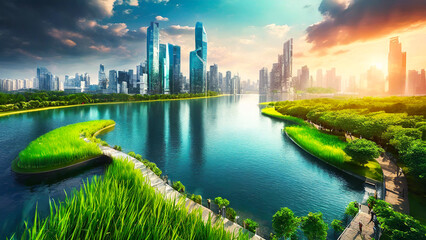 Futuristic city on water surrounded by beautiful grass 