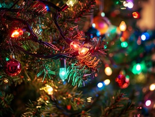 Fototapeta na wymiar Christmas Tree Colorful Lights and Ornaments Festive Background Wallpaper Image