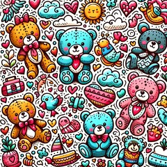 Fototapeta premium Colorful Teddy Bears Doodle art pattern with various objects