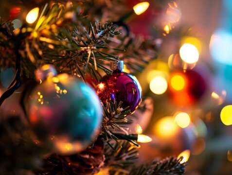 Christmas Tree Colorful Lights and Ornaments Festive Background Wallpaper Image