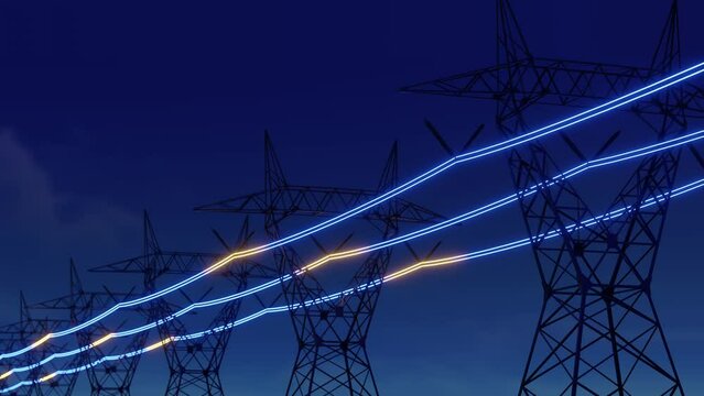 High voltage electric transmission tower with glowing current line, electrical power transmit through wire to city and house at night, Renewable green energy grid infrastructure concept 3d rendering 