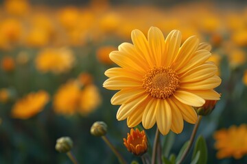 Obraz premium Yellow flowers on a natural yellow-green nature background.