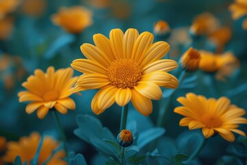 Yellow flowers on a natural yellow-green nature background.