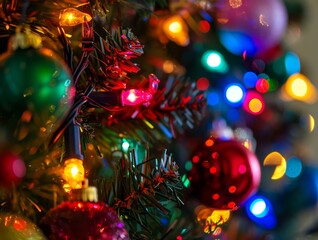 Fototapeta na wymiar Christmas Tree Colorful Lights and Ornaments Festive Background Wallpaper Image