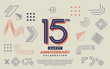 15th happy anniversary celebration with abstract geometric shape.