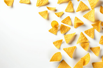 Naklejka premium Corn chips of triangular shape levitate on a white background Generative AI