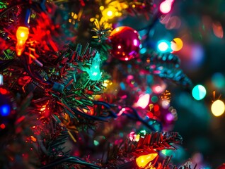 Obraz na płótnie Canvas Christmas Tree Colorful Lights and Ornaments Festive Background Wallpaper Image