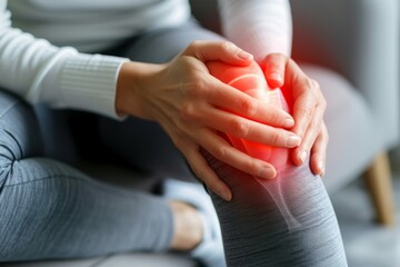 Person clutching sore knee with hands while sitting on sofa - obrazy, fototapety, plakaty