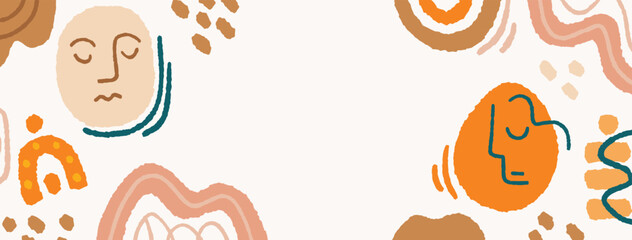 Modern hand drawn plant leaf and tropical shape decoration banner. Pastel color doodle bundle for fashion design, summer season or natural concept.