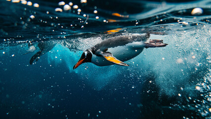 Emperor panguin swimming under water surface in the icy ocean with close up shot - Powered by Adobe