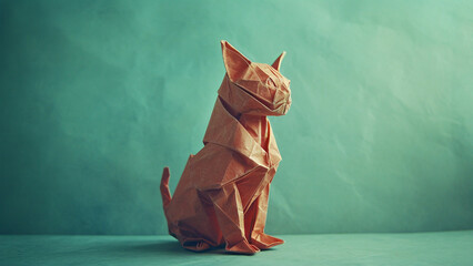 A paper origami craft of animal in a cat shape on a plain colored background