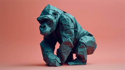 A paper origami wildlife animal of a gorilla on a plain colored background