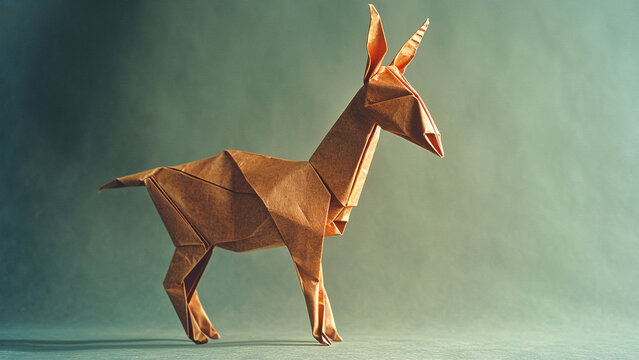 A paper origami craft of animal in a donky shape on a plain colored background