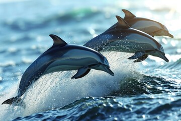 Obraz premium A playful group of dolphins leaping gracefully through the waves in perfect synchrony