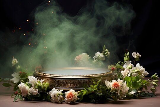 Round podium with smoke on nowruz flower background. High quality photos, no text on images generative ai