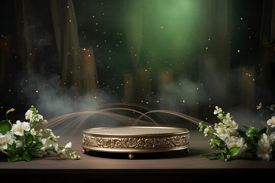 Round podium with smoke on nowruz flower background. High quality photos, no text on images generative ai