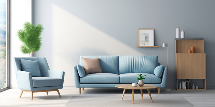 Scandinavian living room interior with blue couch,Simplicity in Style: Scandinavian Living Room Featuring Blue Couch
