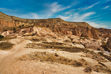 Unique rock and stone formations in the Red valley near  near Goreme,a UNESCO world heritage site situated in Nevsehir Province, in the Cappadocia Region, Central Anatolia,Turkey.