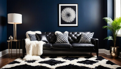 Navy blue walls with a plush white shag rug leather accents and bold geometric prints in shades of black and white style