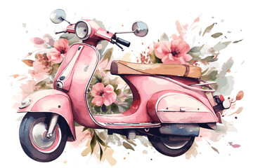 Watercolor hand painted scooter illustration isolated on a white background. Vintage motorbike with flowers design. - obrazy, fototapety, plakaty