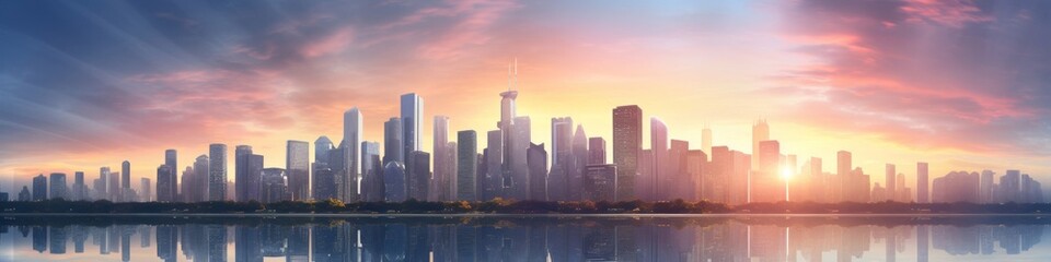 Fototapeta premium Futuristic city skyline during a vibrant sunset, with solar-powered structures and a harmonious blend of nature and technology