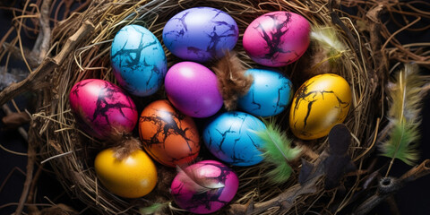 Fototapeta na wymiar Colorful easter eggs in a birds nest,Whimsical Easter Nest: Colorful Eggs in a Bird's Nest,Easter Egg Haven: A Burst of Colors in a Bird's Nest 