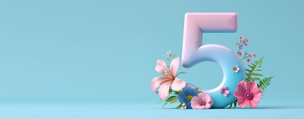 3D render number five with flowers. 5 years anniversary, Happy birthday 5 years old celebration