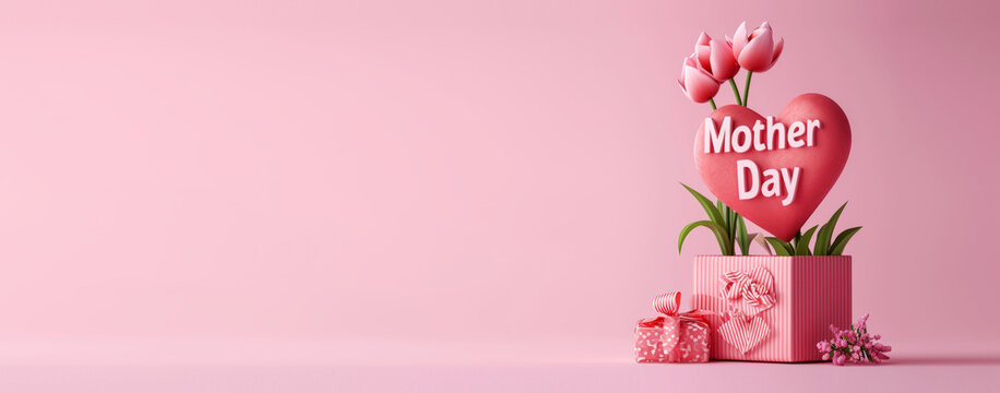 3D render happy mother day banner with copy space. Celebrating mother's day with giftbox, heart and flowers