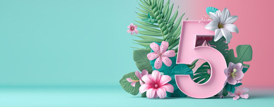 3D render number five with flowers. 5 years anniversary, Happy birthday 5 years old celebration