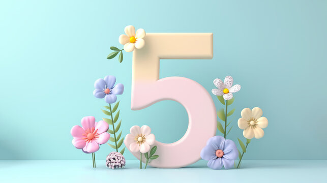 3D render number five with flowers. 5 years anniversary, Happy birthday 5 years old celebration