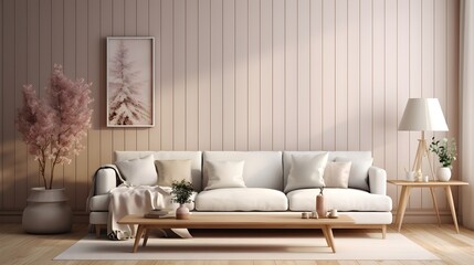 Fototapeta na wymiar Scandinavian Elegance: Minimalistic Living Room with Wooden Interior Design