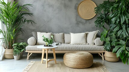 Cozy sofa with cushions, houseplants, table and wicker pouf near grey wall