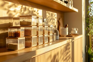Detail of the well organised storage containers in a modern kitchen, with soft sunlit. - obrazy, fototapety, plakaty