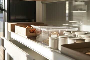 Detail of the well organised storage containers in a modern kitchen, with soft sunlit.