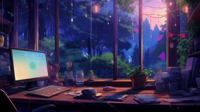 Lofi empty interior. Messy desk, window view of a forest, jungle. Anime, manga style. Colorful study lo-fi desk. Cozy chill vibe. Hip-hop atmoshperic lighs. Stars 4k wallpaper... Lofi de