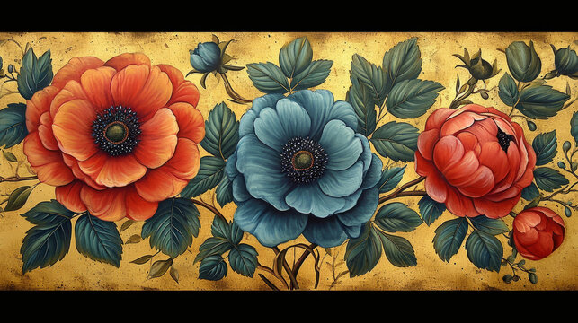 Realistic Hand Drawn Oil Painting of Seamless Tile Pattern Wallpaper for Residence Hotel Interior Wall Decoration, Midcentury, Retro Vintage Victorian with ornaments, nature-inspired, floral patterns 