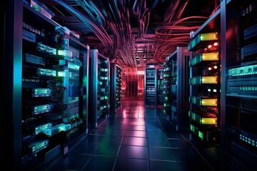 High-performance network devices linked by numerous cables in a server room with computer apparatus shelves. Generative AI