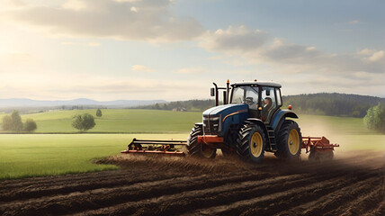 Obraz premium A tractor plowing a field. generated by AI