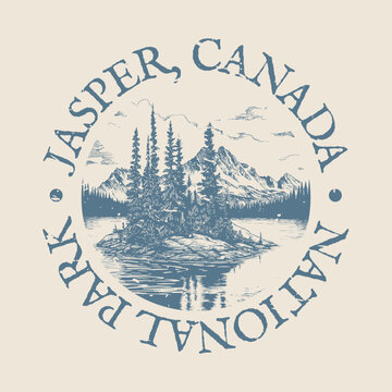 Jasper, Alberta, Canada Illustration Clip Art Design Shape. National Park Vintage Icon Vector Stamp.