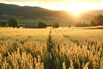 Obraz premium Wide-angle shot of a vast oat farm landscape with neatly arranged oat crops, use soft, natural lighting to enhance the organic feel. 